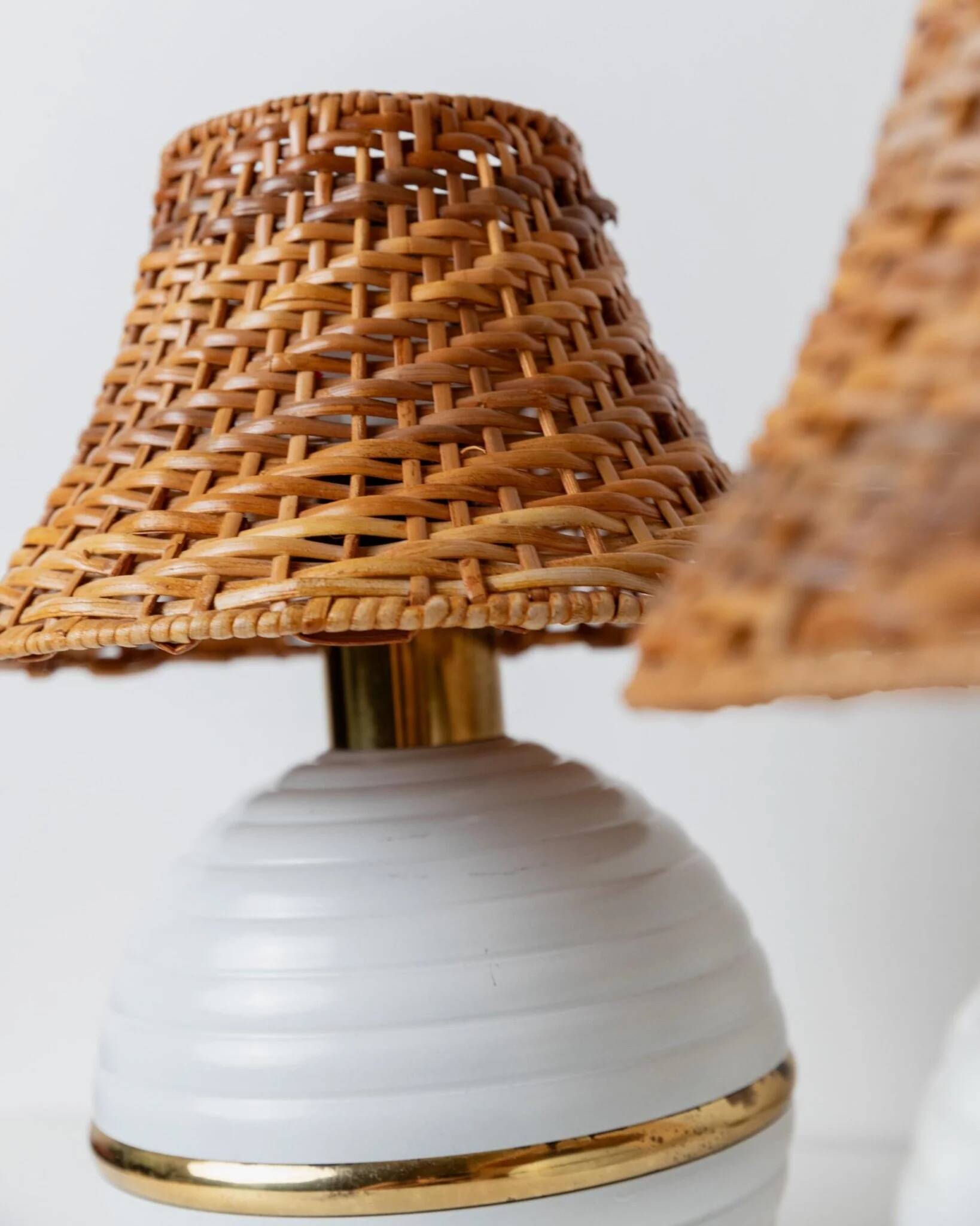 Pair of vintage table lamps – white metal with rattan shades, gold details, Italy 1980s