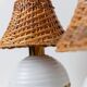 Pair of vintage table lamps – white metal with rattan shades, gold details, Italy 1980s