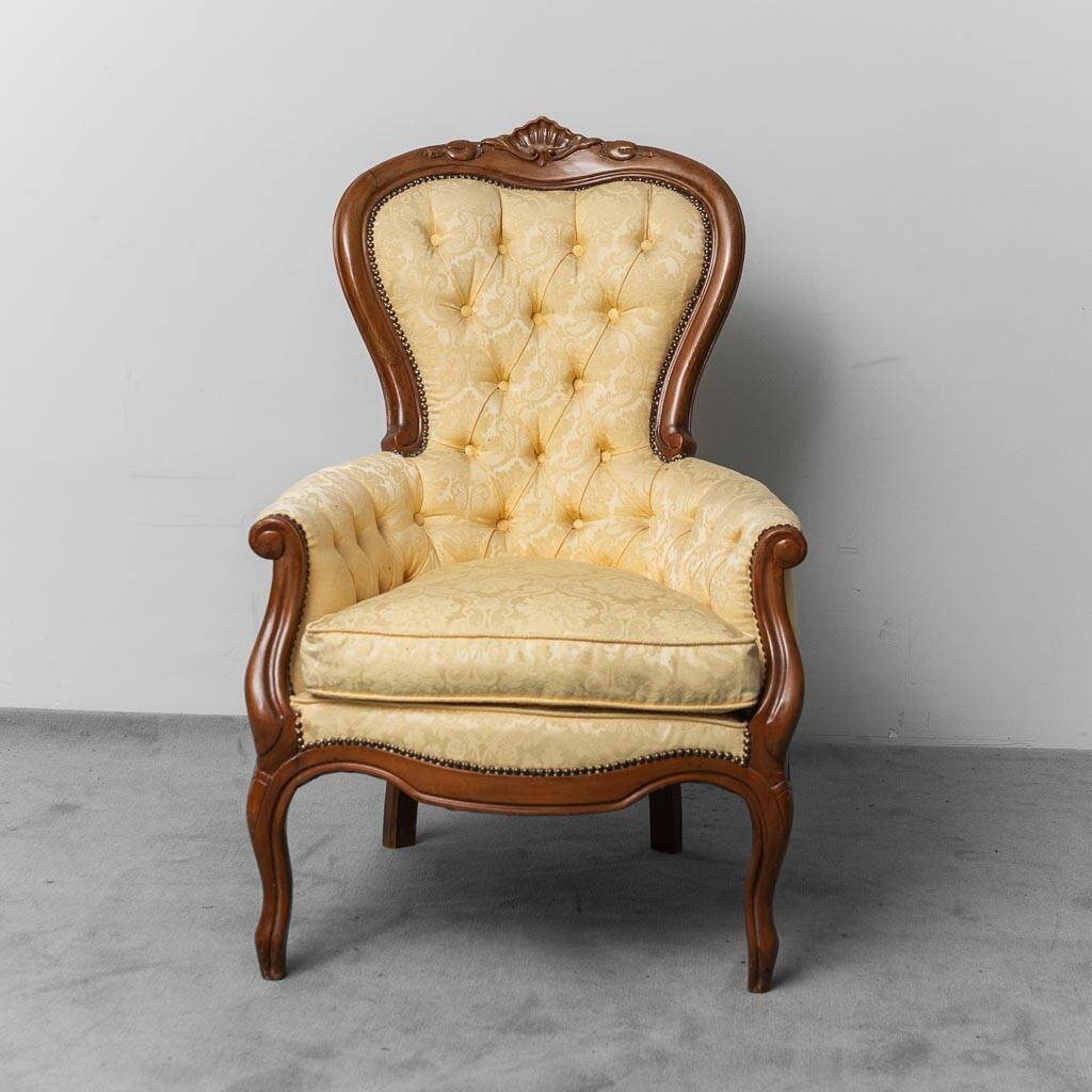 Coppia di poltrone stile luigi filippo legno tessuto giallo xix