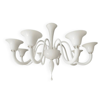 Italian contemporary white Murano glass chandelier in Art Deco style.