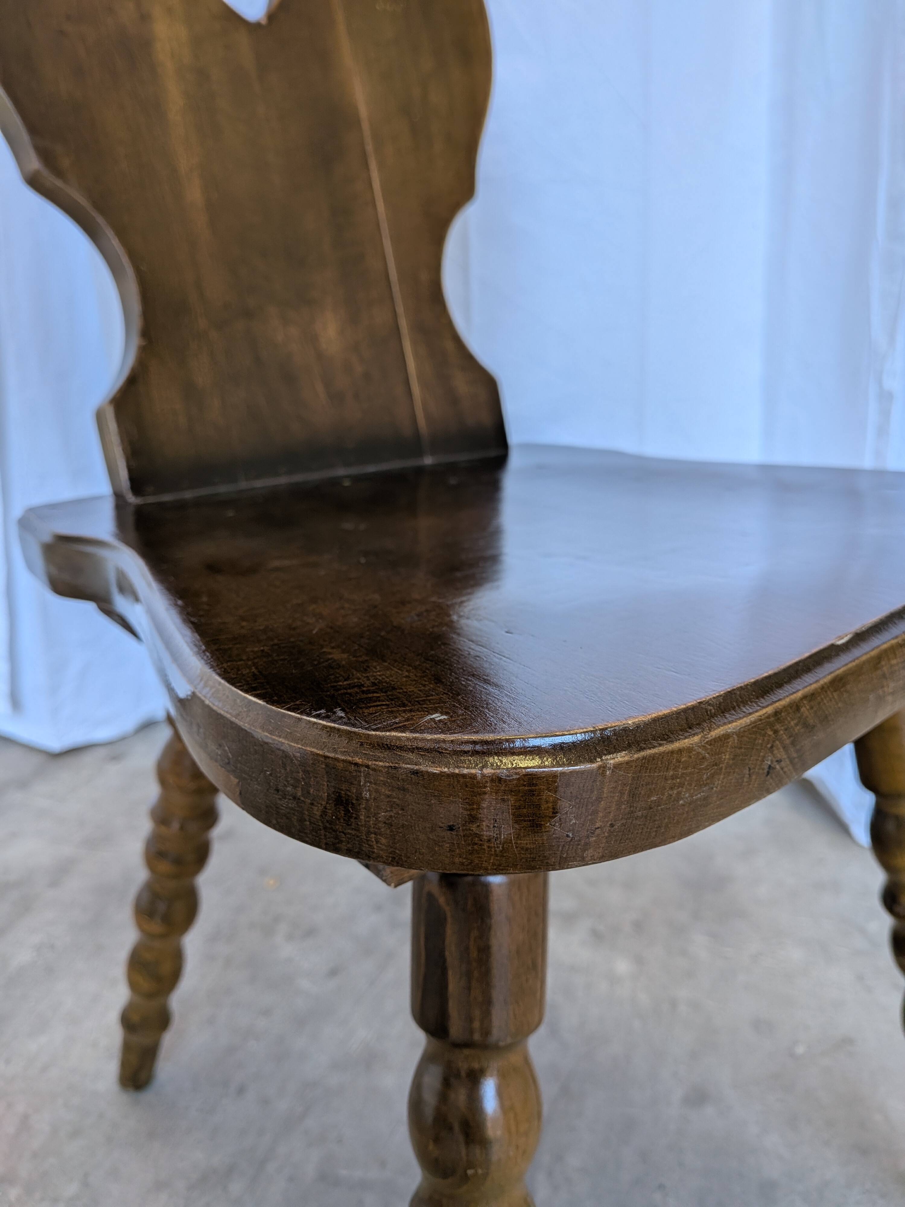 Vintage Tyrolean Heart Cutout Wooden Dining Chair / Bobbin-turned Legs