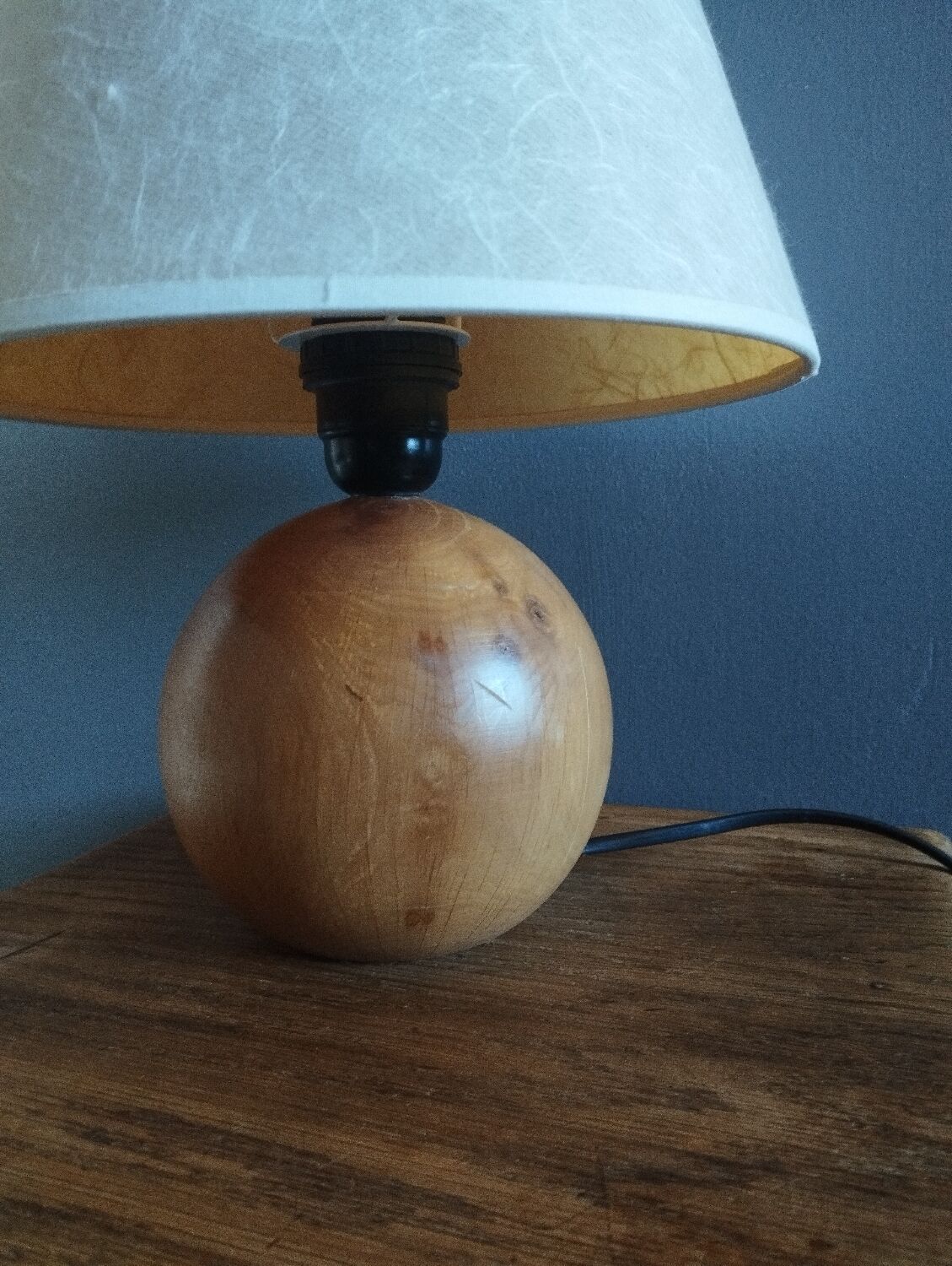 Table lamp foot ball light wood, lampshade ecru paper, 1970's