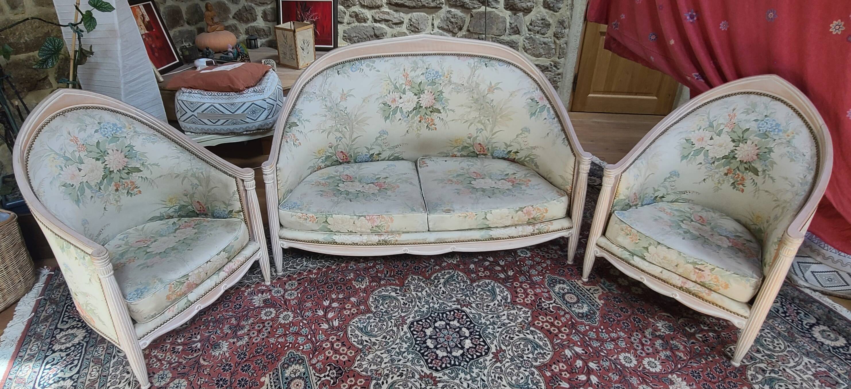 Salon 3 pièces style Louis XVI — canapé + 2 fauteuils — bois laqué