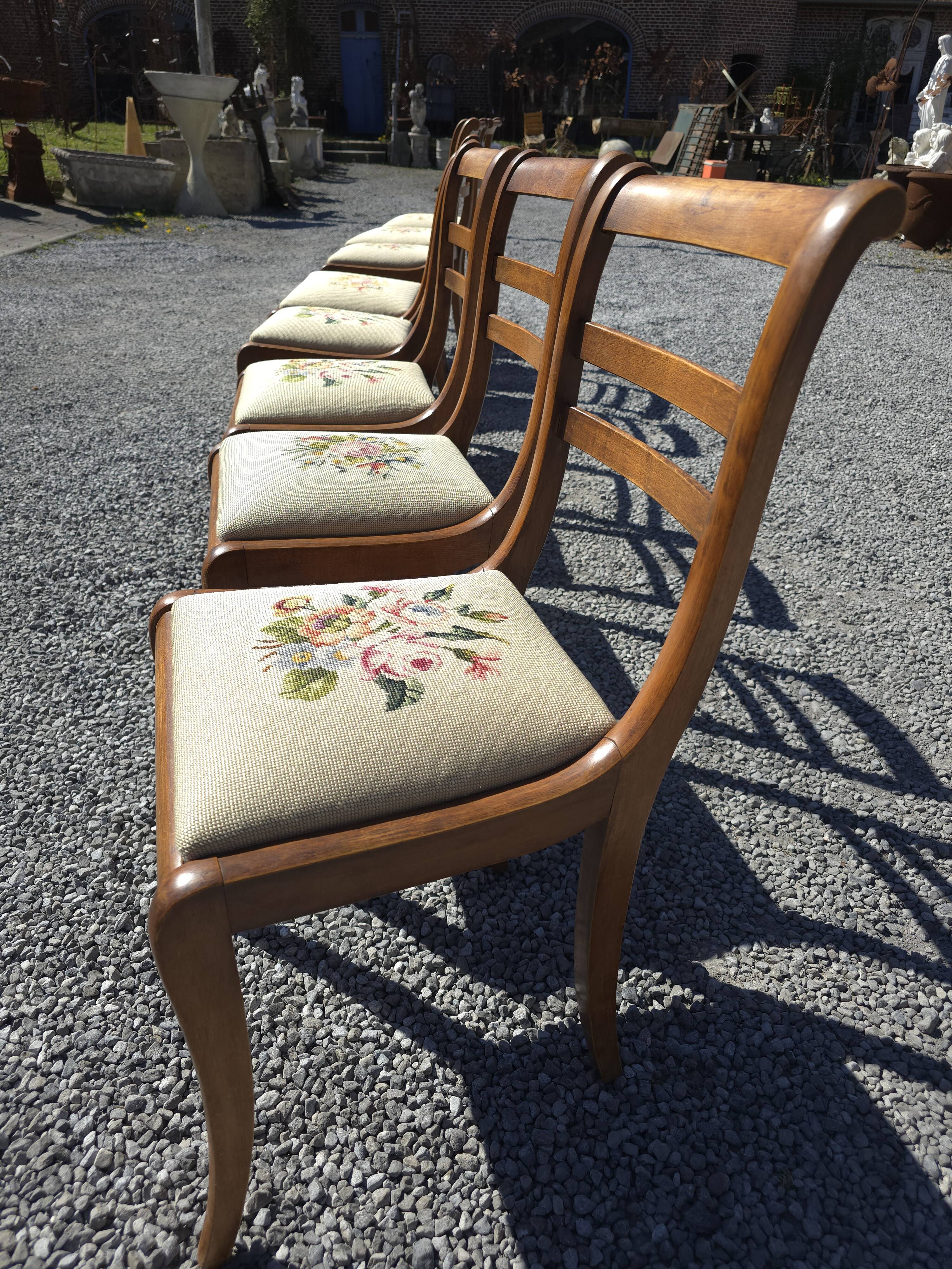 8 cherry wood chairs with embroidered seats