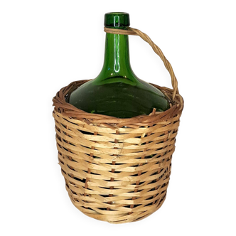 Dame-jeanne en verre soufflé vert et osier tressé