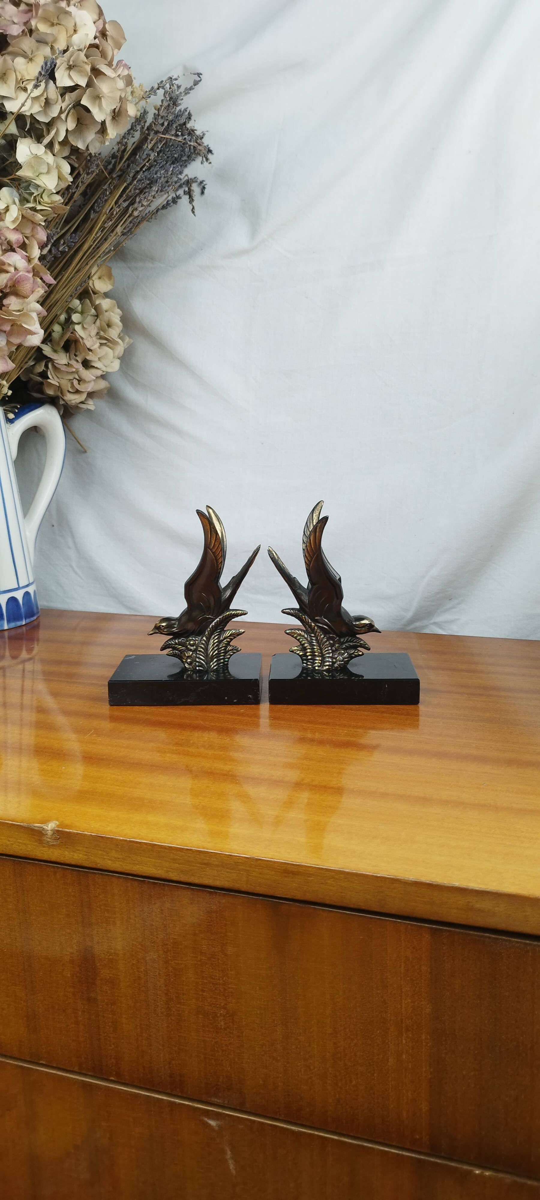 Pair of Art Deco Bookends of Swallows in Flight, Marble & Spelter