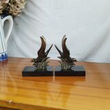 Pair of Art Deco Bookends of Swallows in Flight, Marble & Spelter