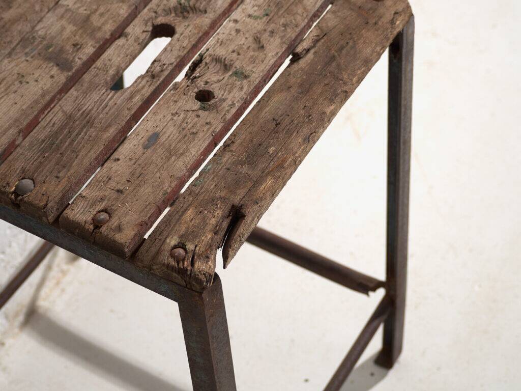 Vintage industrial stool made of pine wood and iron – Central Europe, around 1950