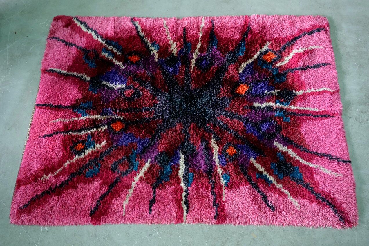 Abstract Scandinavian  Hand-Knotted High Pile Rya Rug Carpet, Sweden, 1960s