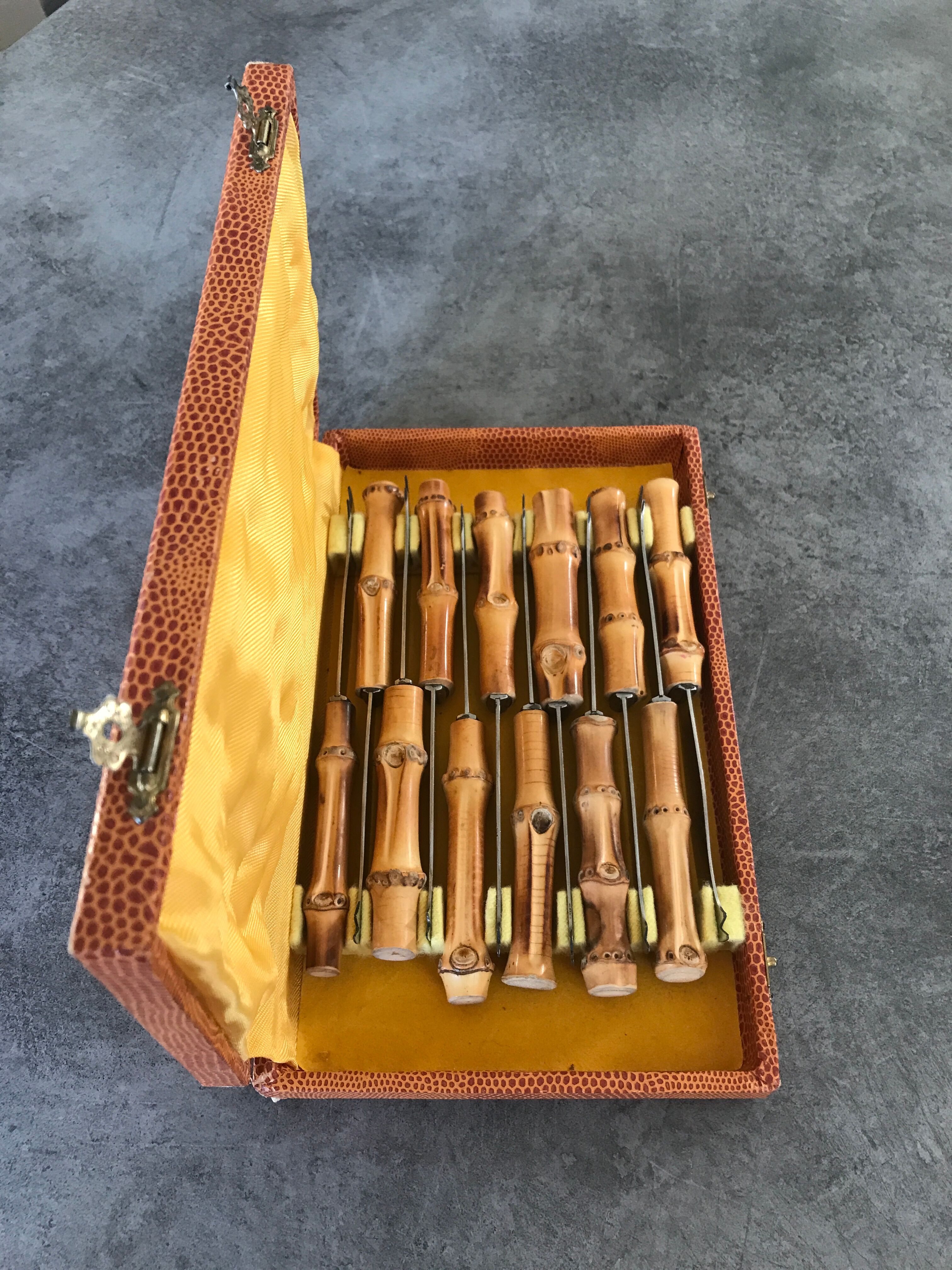 Set of 12 vintage knives bamboo handle cutlery b.j.b in their case