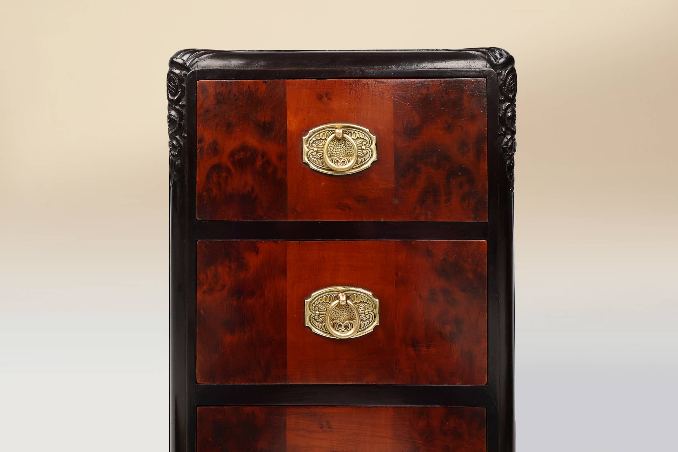 Pair of Art Deco nightstands in burl veneer, oak and copper, France ca. 1910