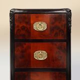 Pair of Art Deco nightstands in burl veneer, oak and copper, France ca. 1910