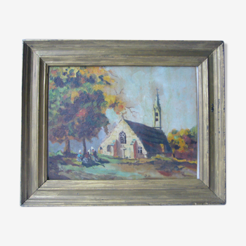 Tableau ancien huile sur panneau encadré  paysage de Bretagne