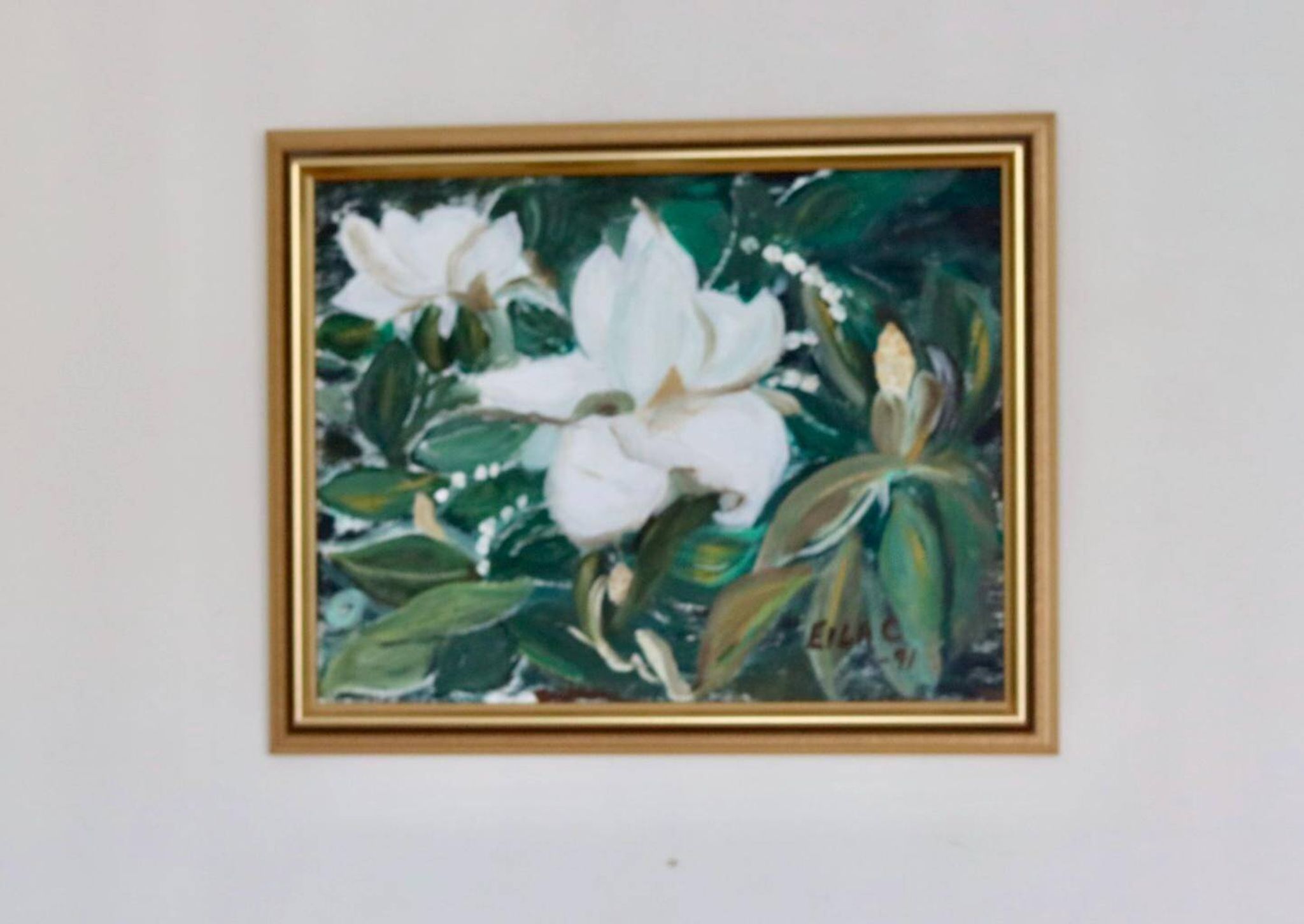 Huile sur toile « Motifs floraux » par Eila C, Suède milieu XXème