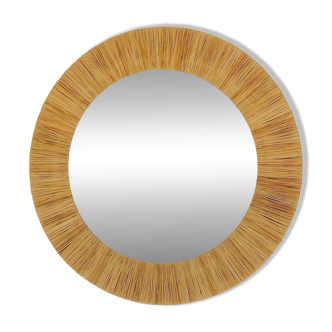 Miroir Mural Rond Midcentury Riviera Italienne en Raphia avec Cadre en Bast, Années 1950