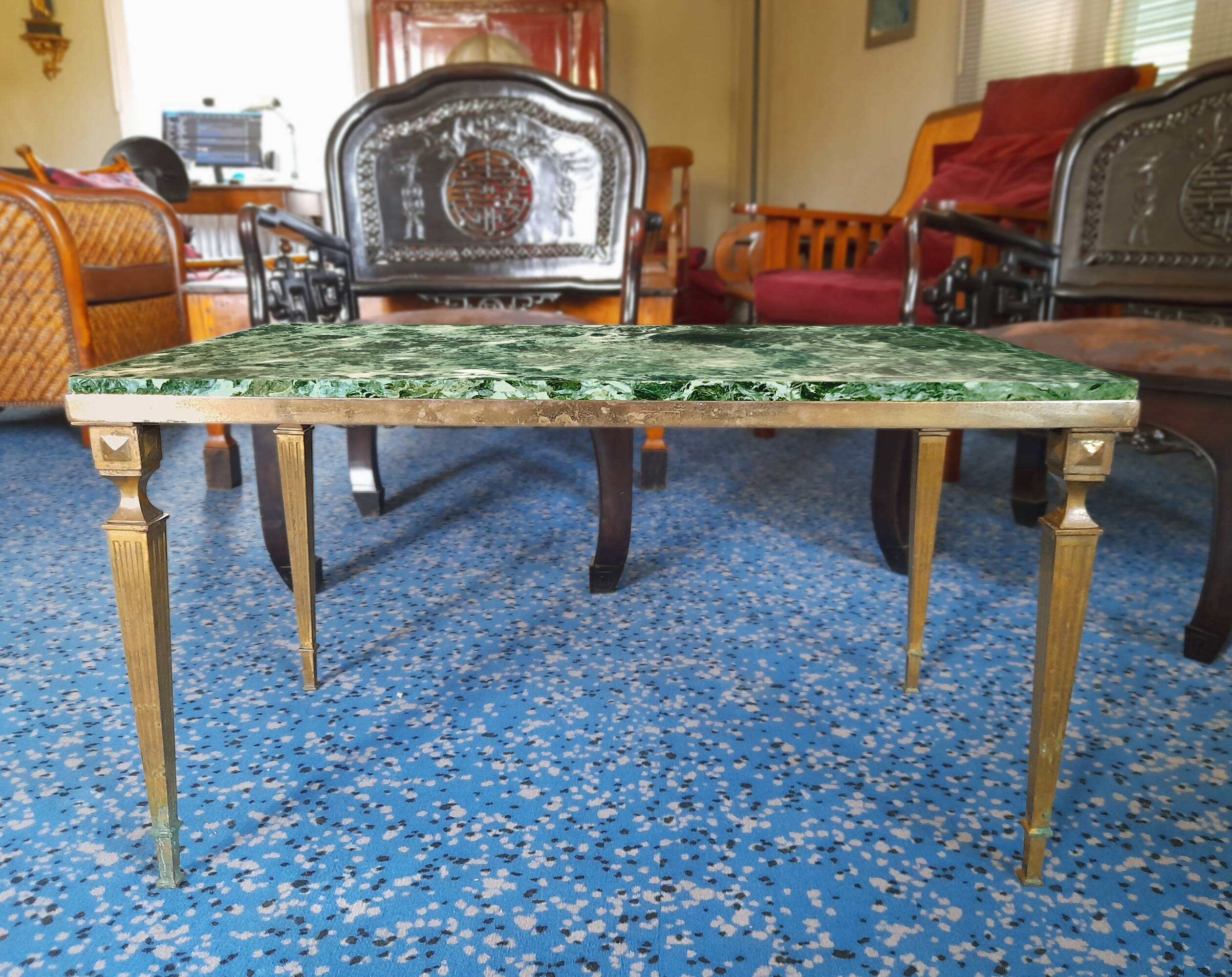 Coffee table in gilded bronze and green Alpine marble
