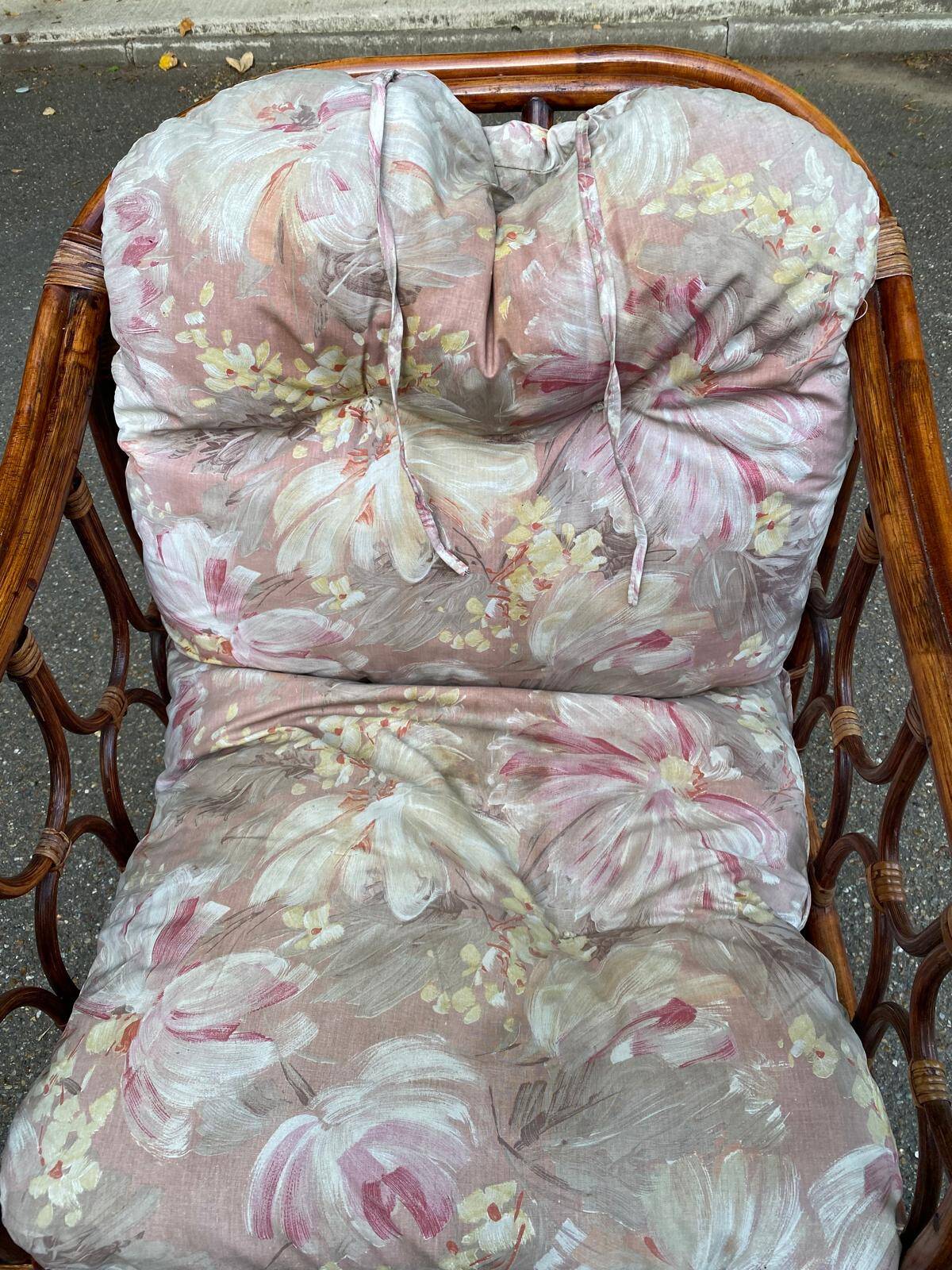 Adult burgundy rattan and wicker armchair with cushion 1970