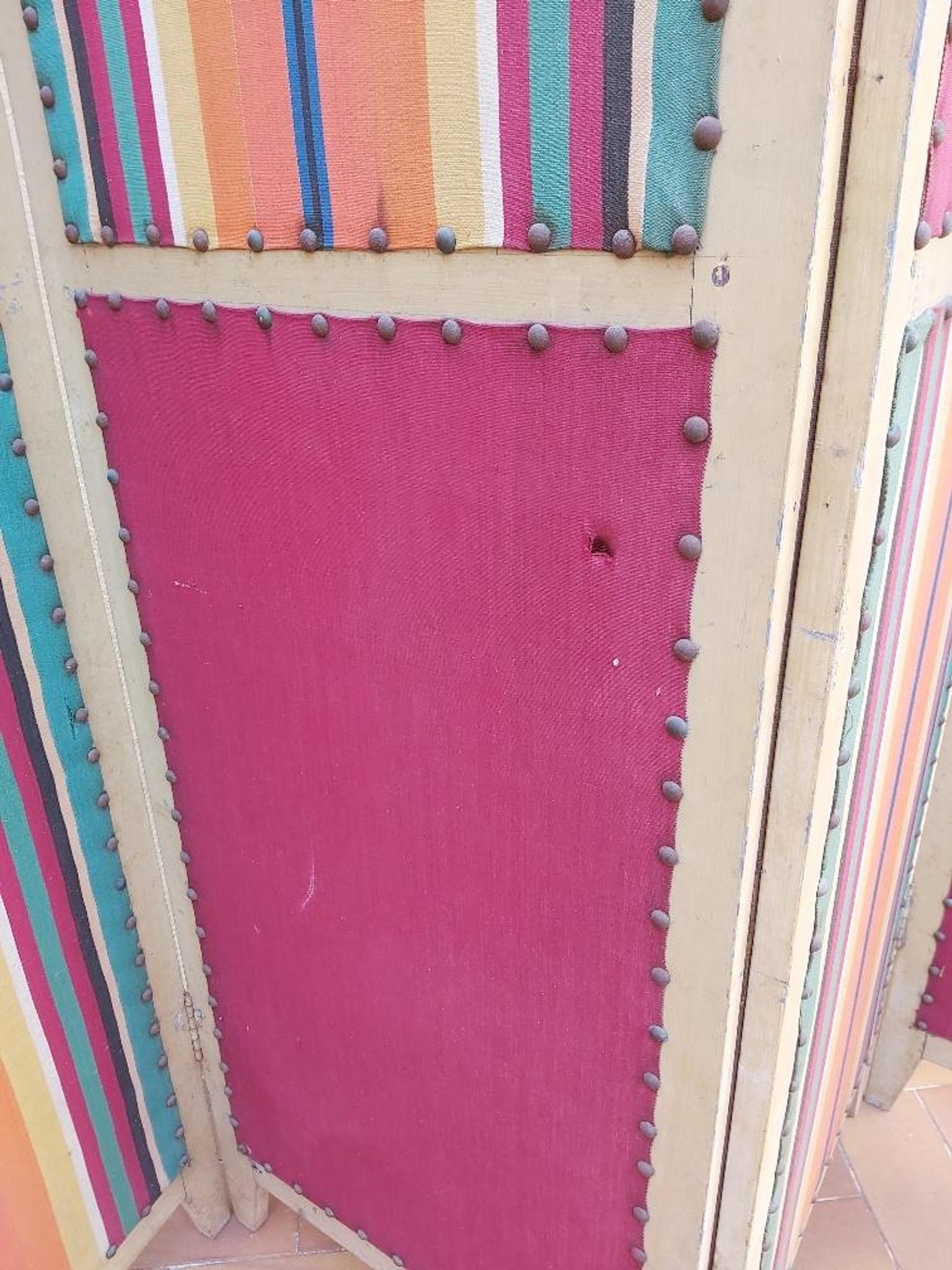 Paravent ancien 4 feuilles bois et tissu