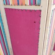 Paravent ancien 4 feuilles bois et tissu