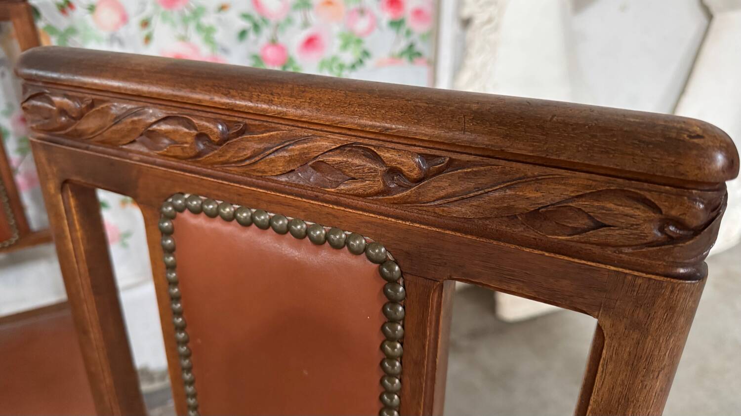 6 Art Deco walnut and leather chairs