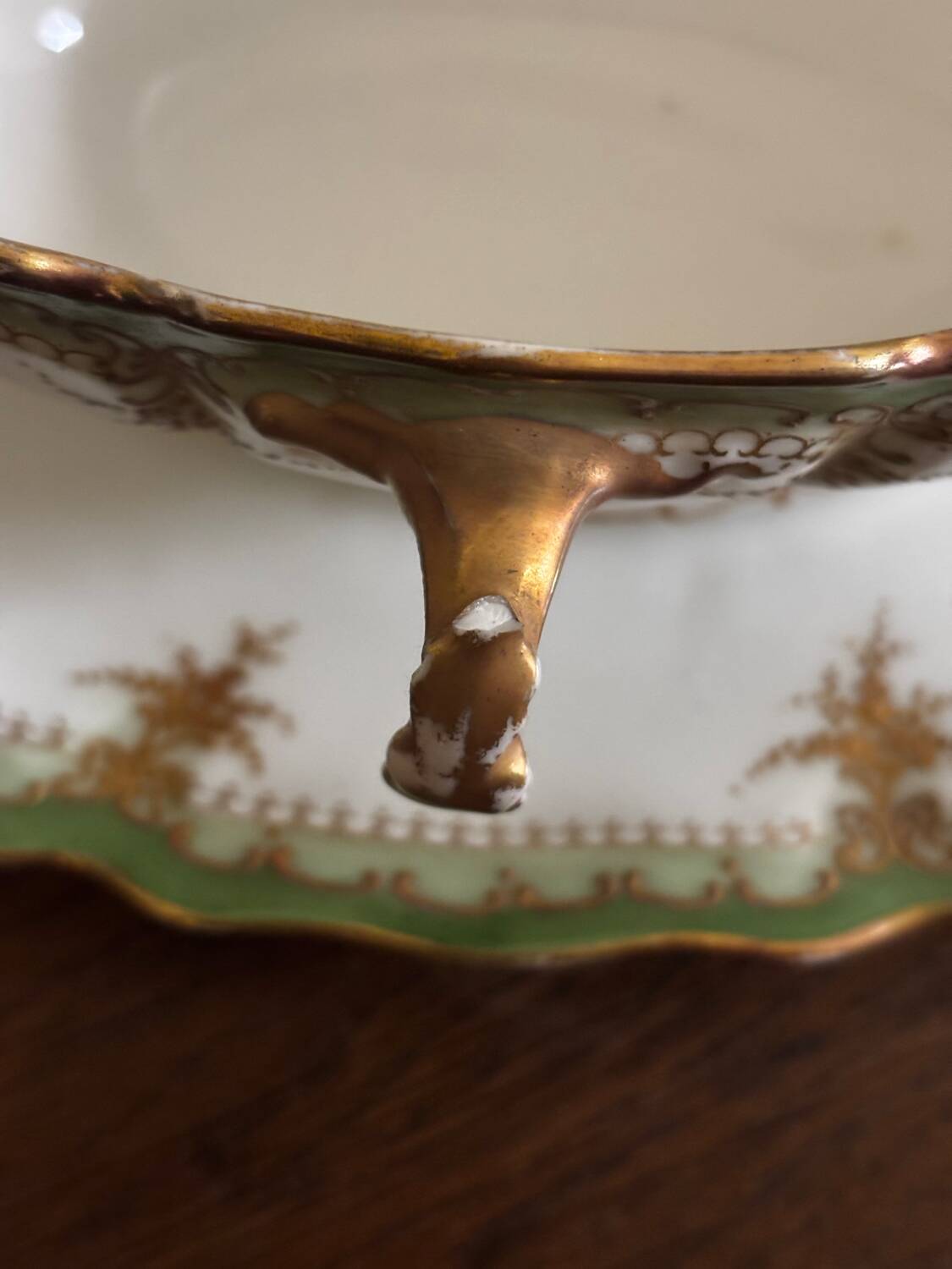 Vintage green Limoges porcelain gravy boat with gilt trim