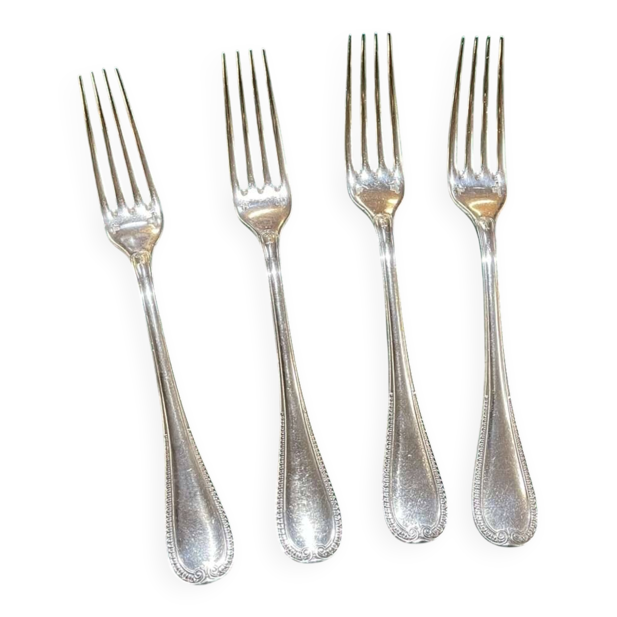 Set of 4 large silver-plated metal forks by Christofle, Malmaison model.