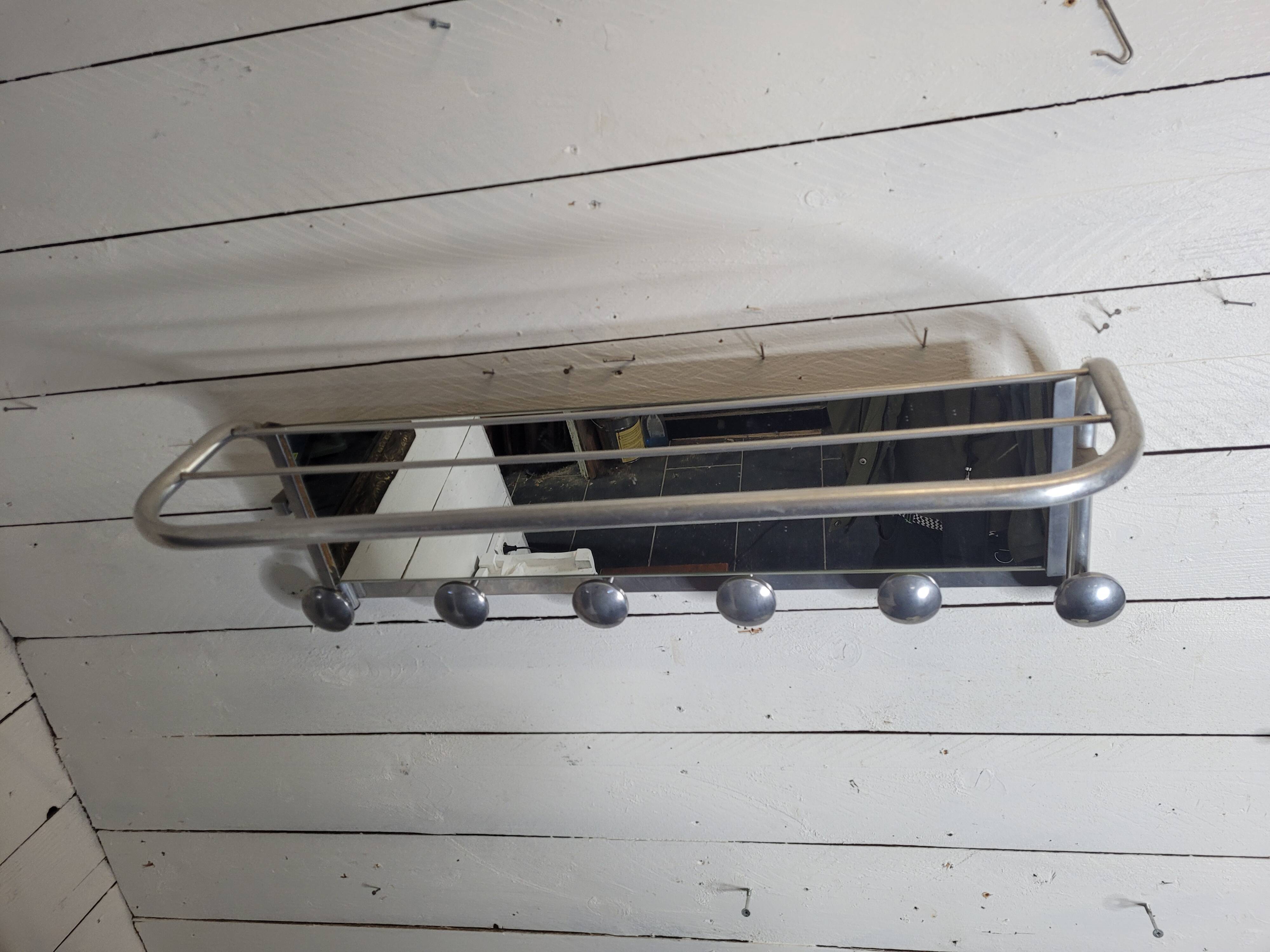 Aluminum wall coat rack with pivoting mirror from the 60s