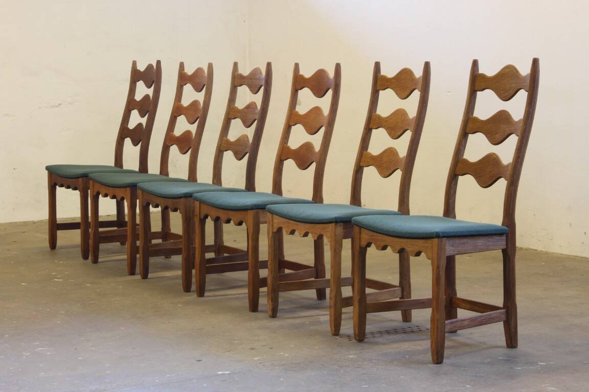 Six vintage 1960s Danish ladderback oak chairs, Henning Kjærnulf brutalist style