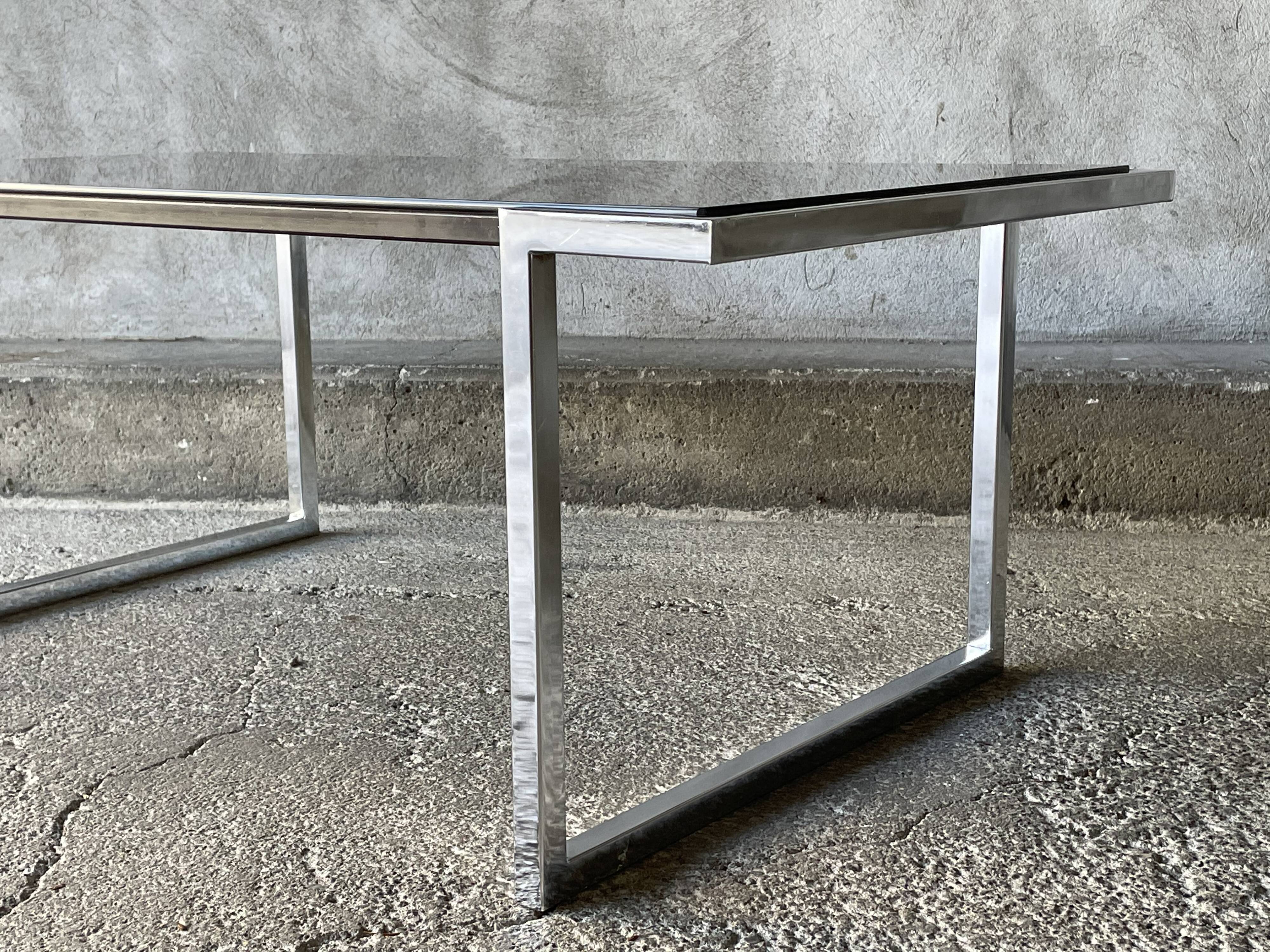 Coffee table in chromed metal and smoked glass, 1970s