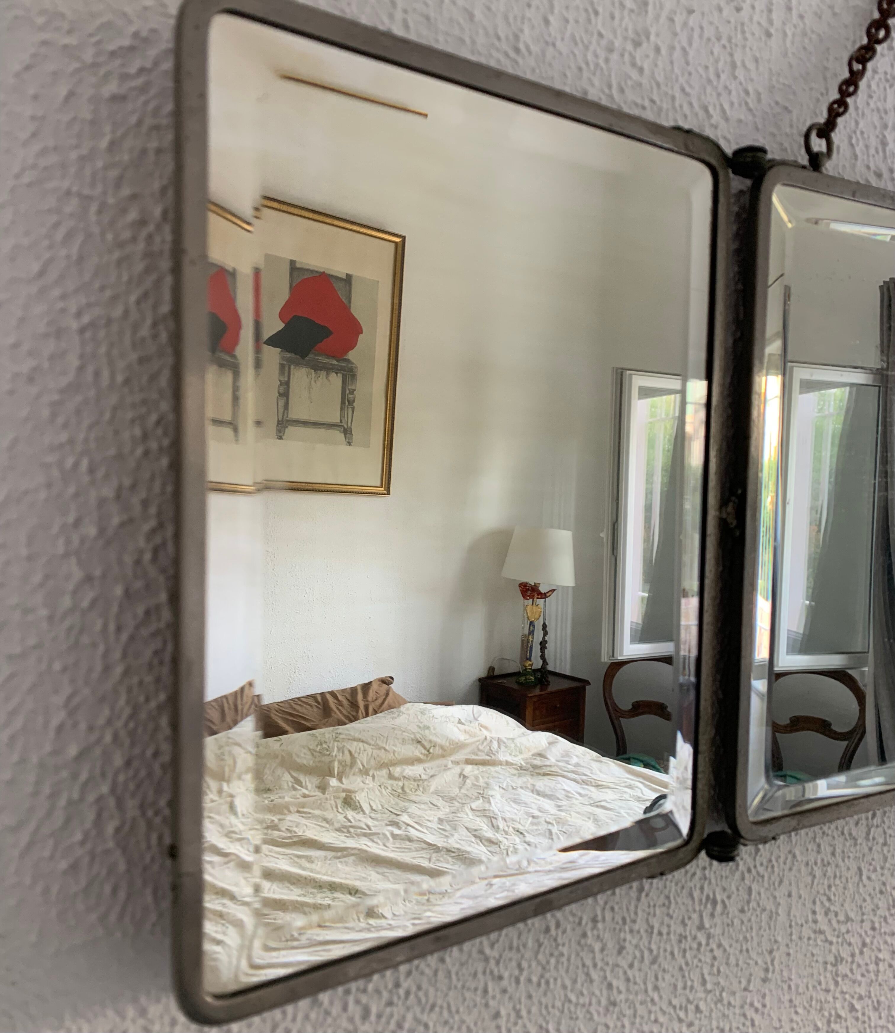 Mirror triptych barber imitation crocodile brown vintage 1930 - 27 x 66 cm