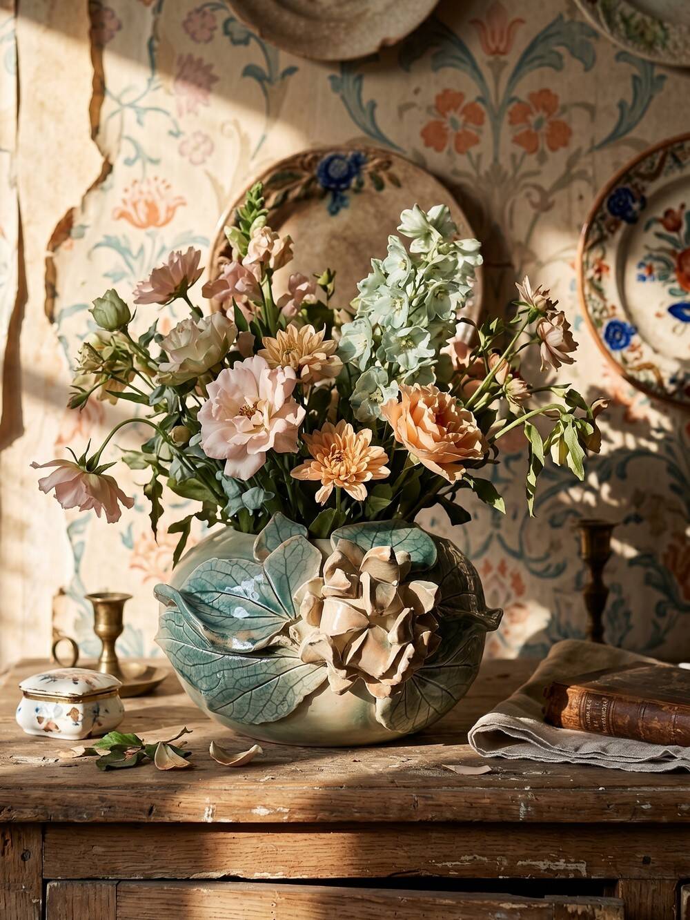 Vase boule décor relief floral en céramique artisanale signé Dina