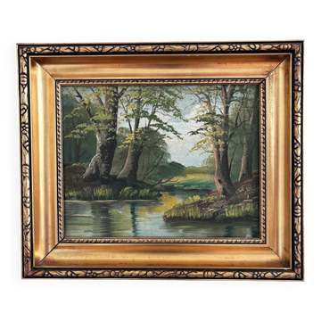 Vintage original landscape oil painting, signed river art
