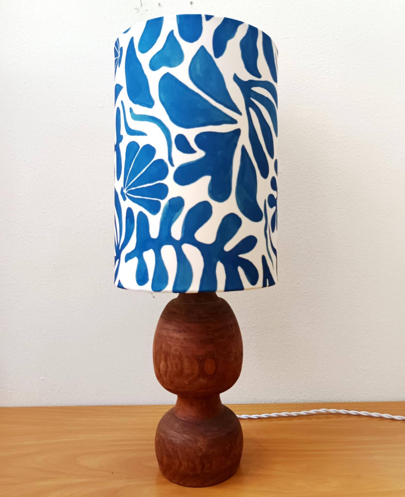 Brutalist wooden lamp and custom shade
