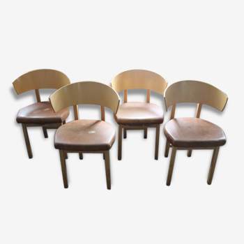 Lot de 4 chaises années 1980, cuir marron clair