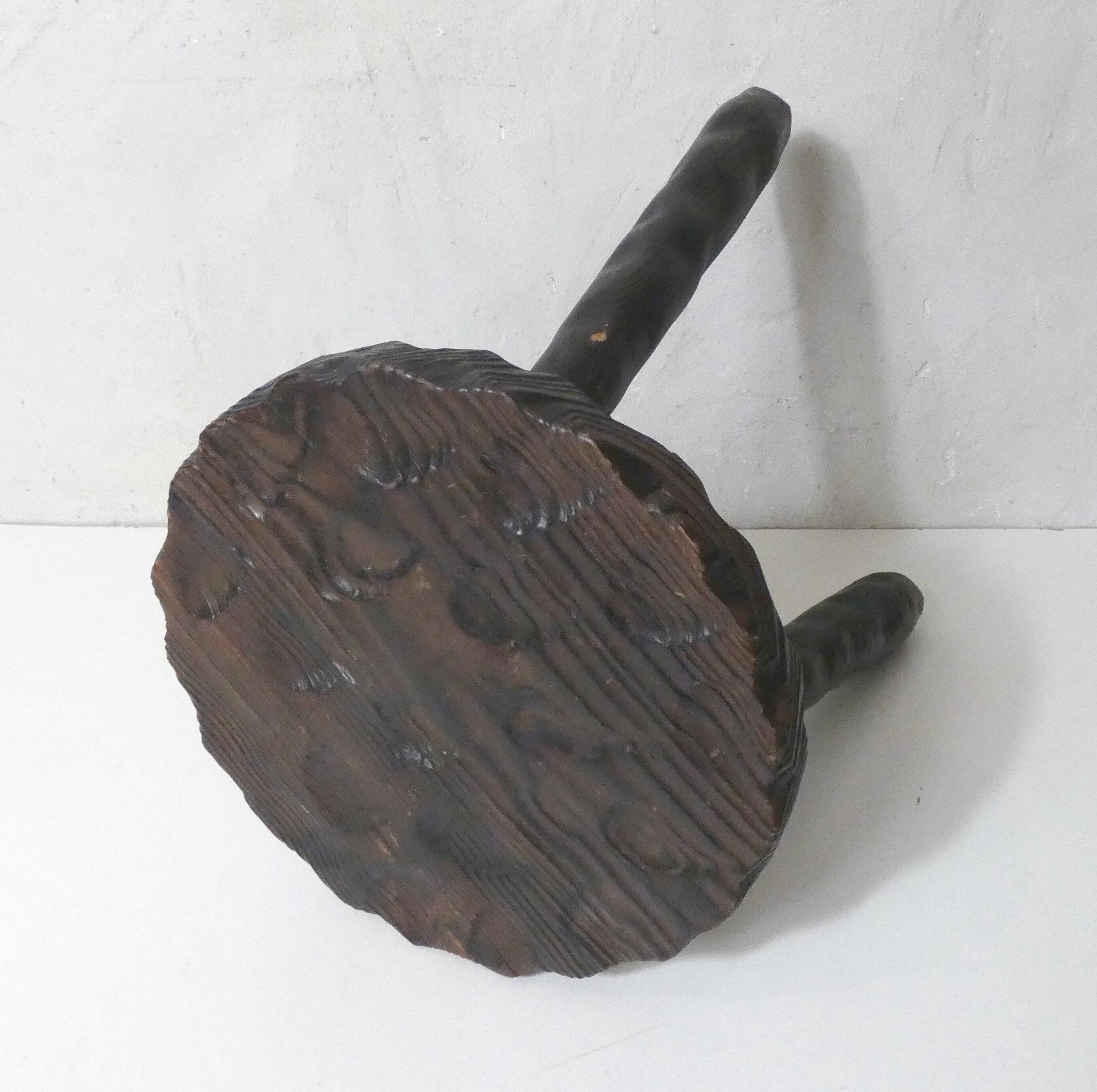 vintage brutalist solid oak tripod stool