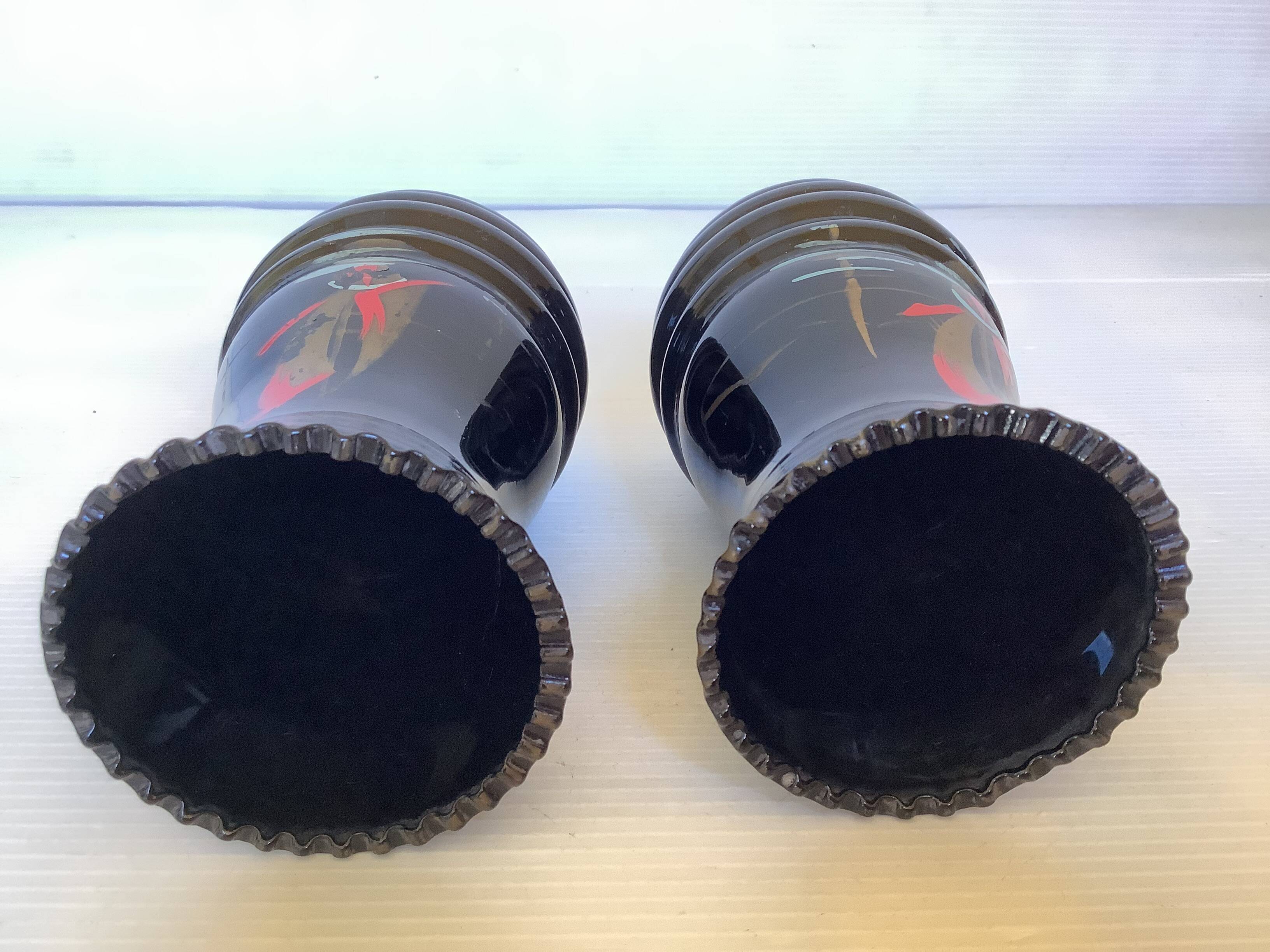 Pair of small painted black opaline vases