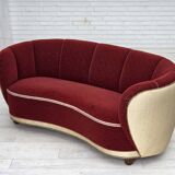 1960s, Danish curved 2-seater sofa, red/beige furniture wool fabric.