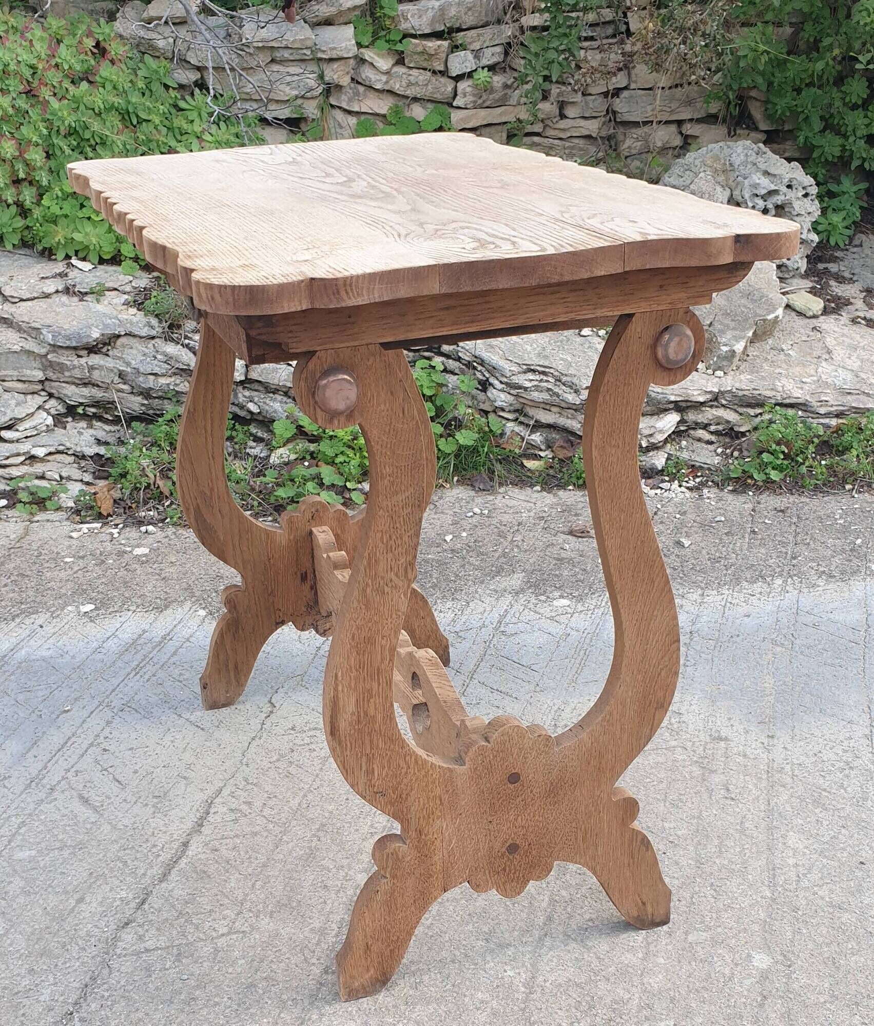 Lyre leg table in natural wood, one drawer, vintage