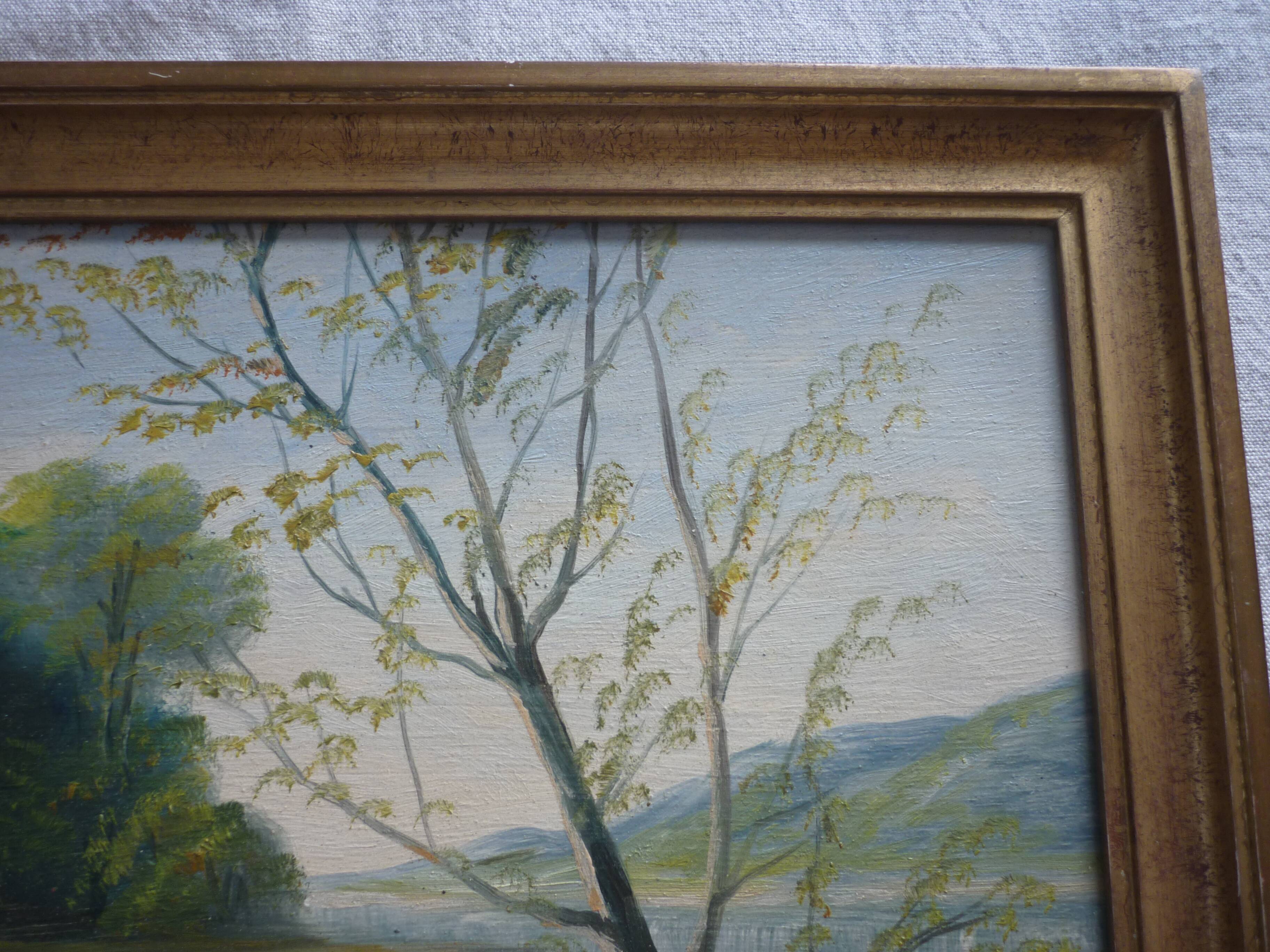 Painted framed lake landscape signed geo rousseau 1967