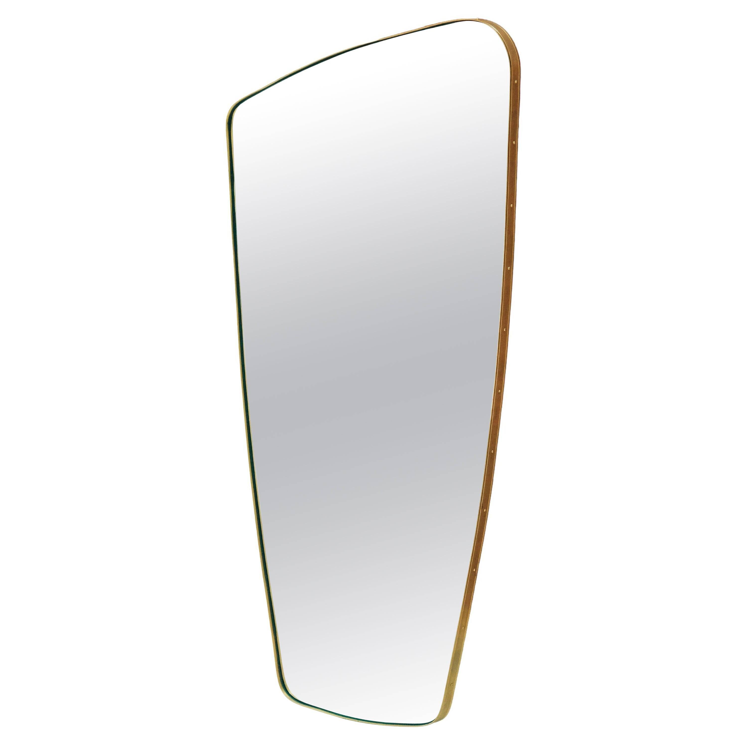 Mid-Century Irregular Shape Mirror with Hammered Brass Frame
