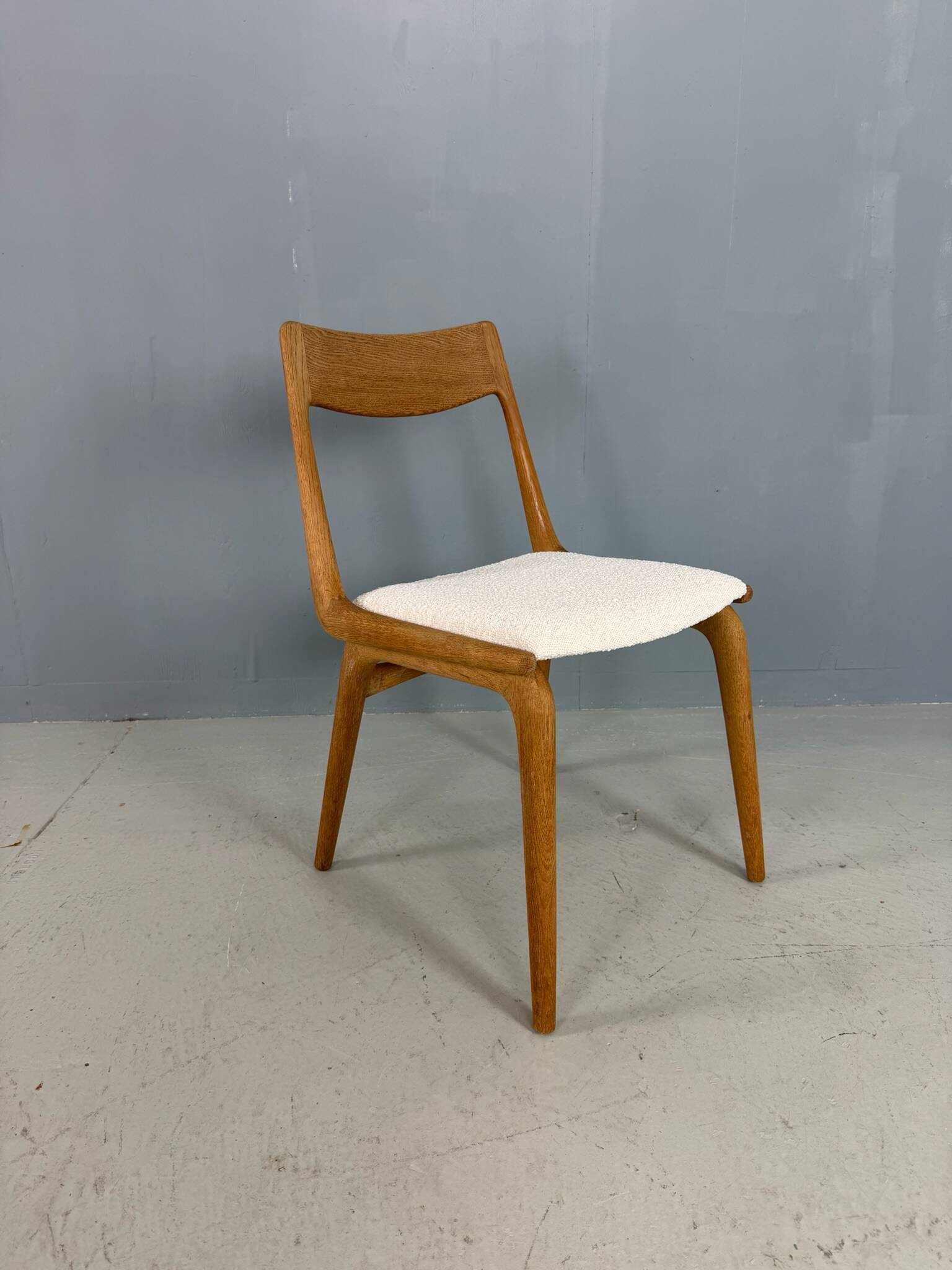 Alfred Christensen Danish oak "Boomerang" chairs set of 6 boucle fabric