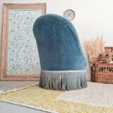 Fauteuil crapaud velours bleu avec franges
