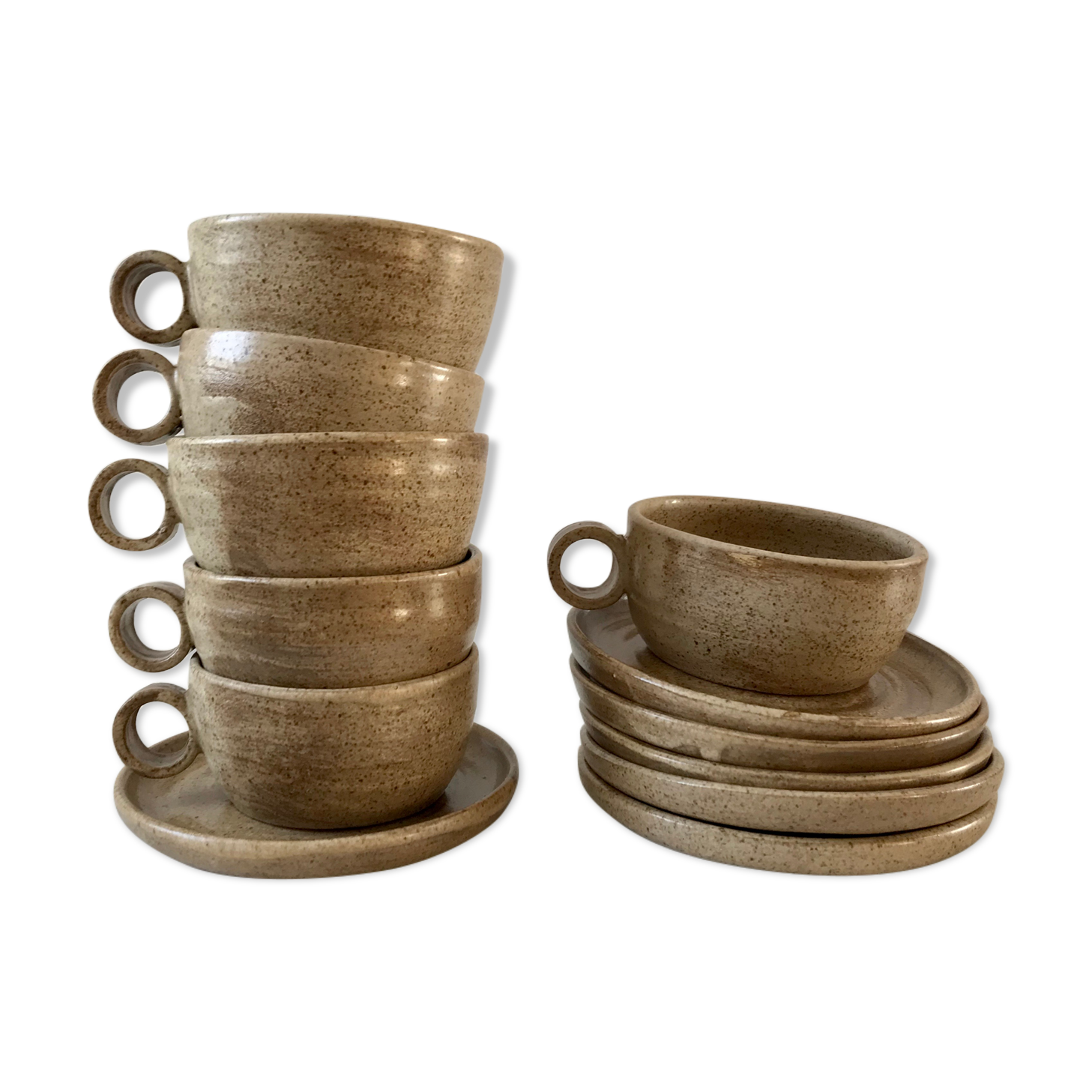 Lot de 6 tasses en grès design et ses soucoupes années 60 signées fait-main