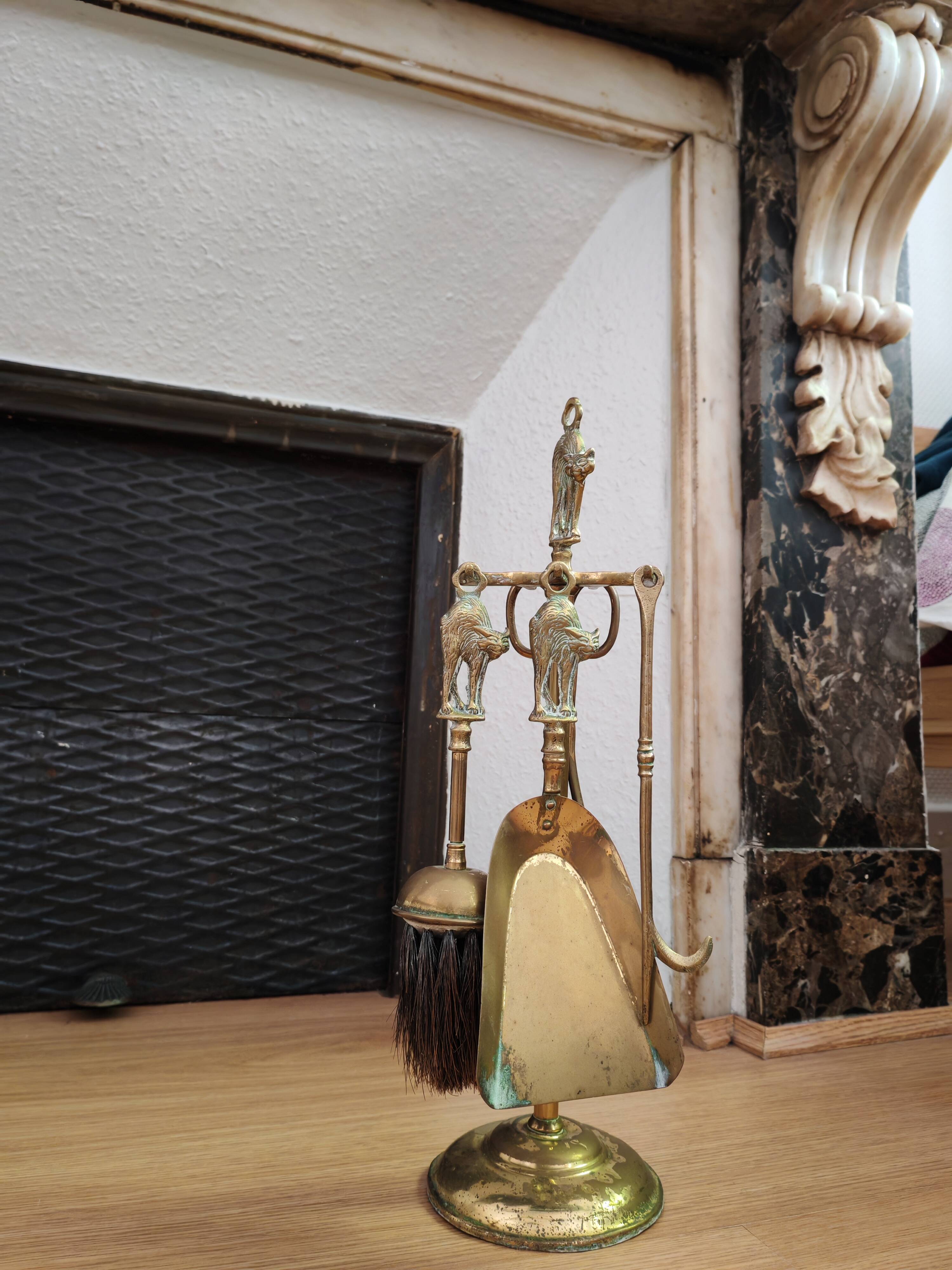Vintage Brass Fireplace Tools Cat Decor