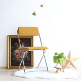 Pair of Eyrel 70s folding chairs in chrome metal and mustard fabric