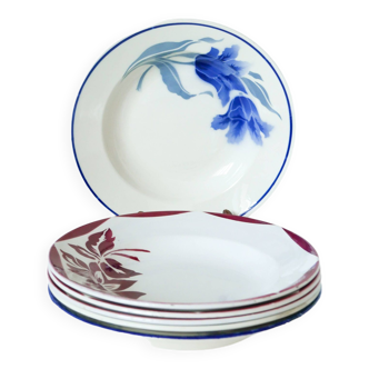 Set of 6 Digoin soup plates models "Mary-Lou" and "Jacky", Bandonviller model "Tulipes" year