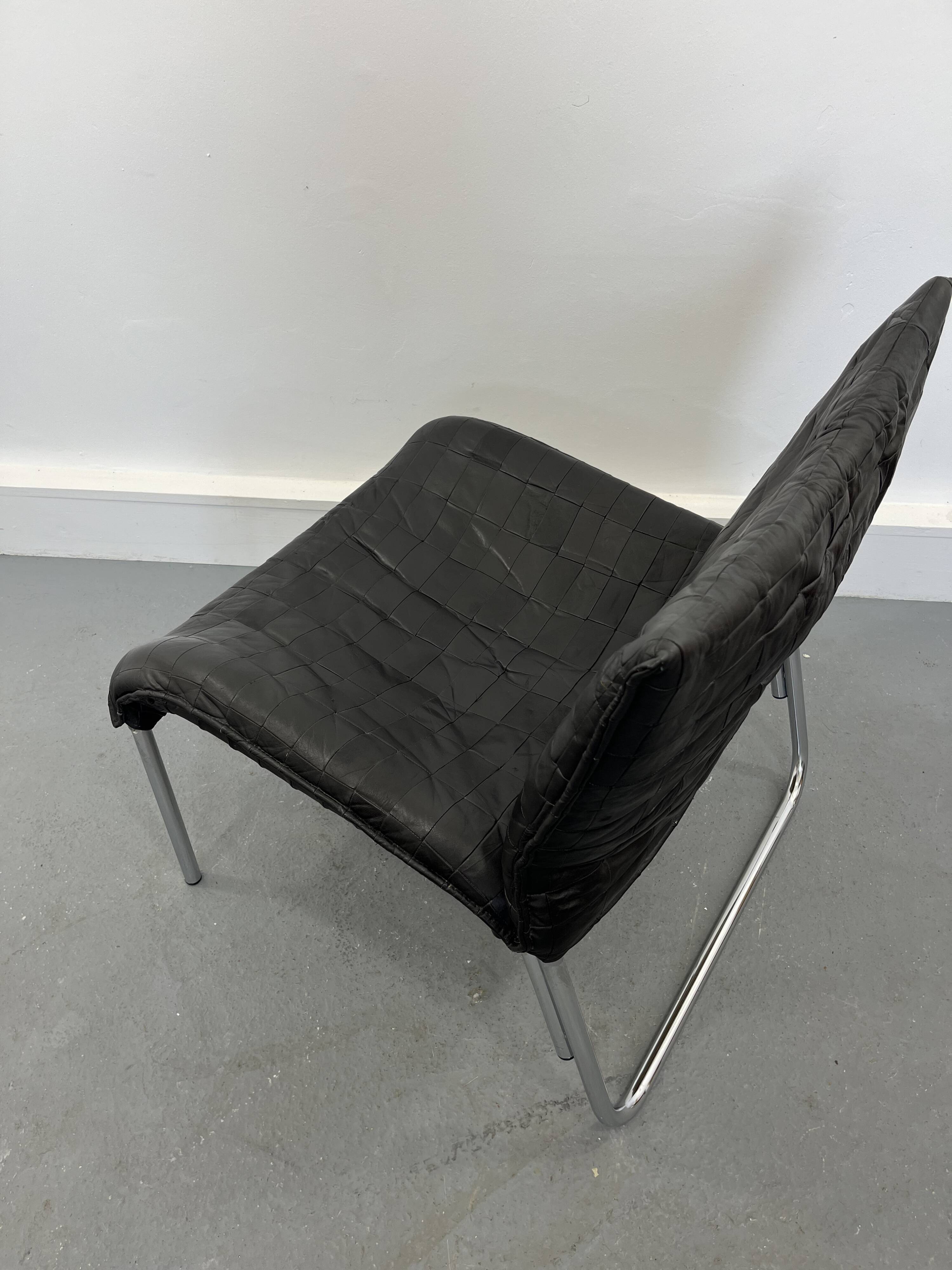 Vintage Mid-Century Scandinavian Modern Black Patchwork Leather Lounge Chair SET From IKEA, 1980s