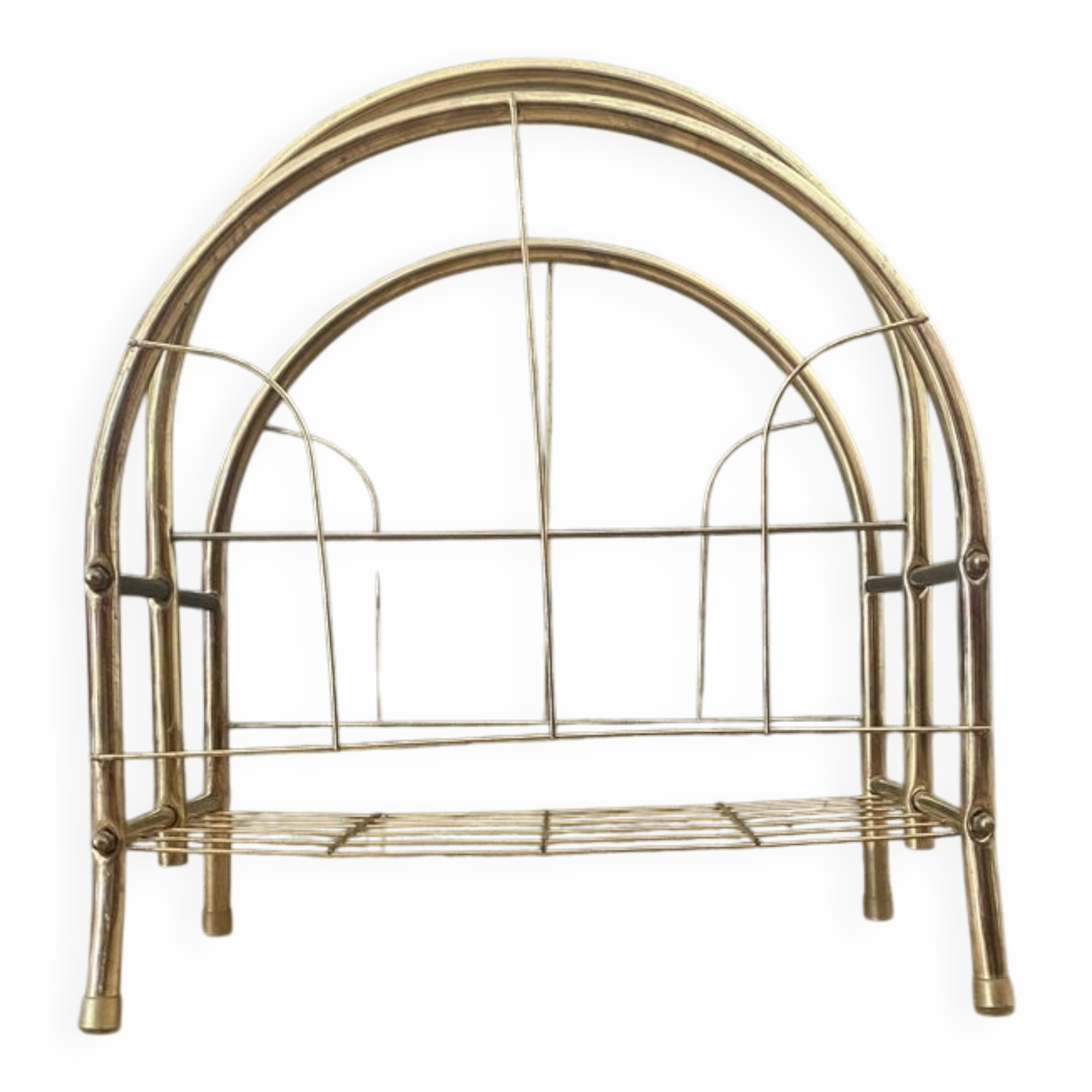 Vintage 1970s brass magazine rack, Mid-Century openwork architectural style.
