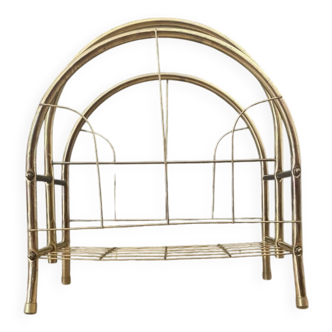 Vintage 1970s brass magazine rack, Mid-Century openwork architectural style.
