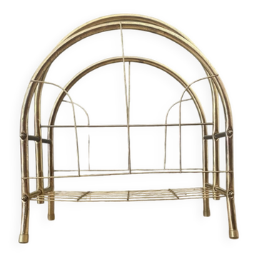 Vintage 1970s brass magazine rack, Mid-Century openwork architectural style.
